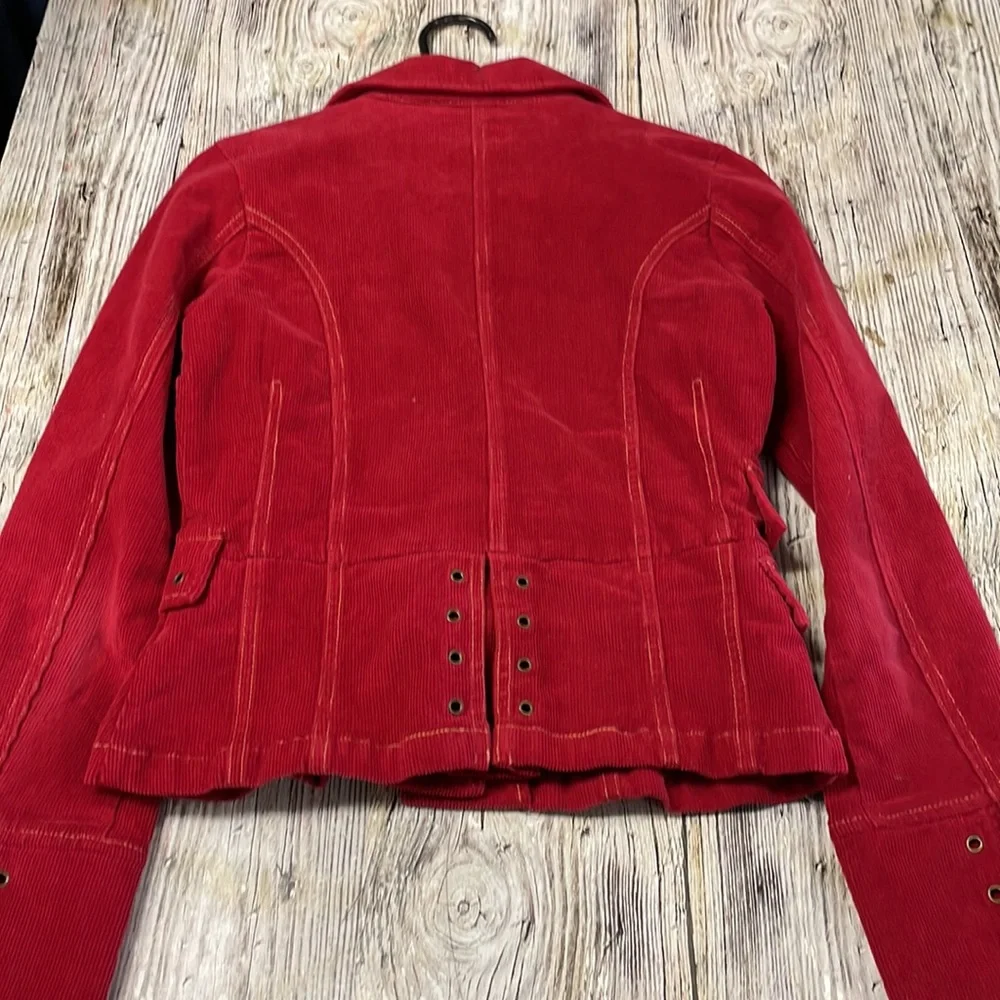 Tulle Red Y2K Corduroy Grommet Sleeve Stretchy Button Front Blazer Jacket Small - Picture 9 of 10